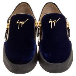 Pre Owned Giuseppe Zanotti Blue Velvet And Glitter Double Zipper Low Top Sneakers Size 35