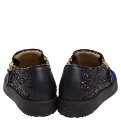 Pre Owned Giuseppe Zanotti Blue Velvet And Glitter Double Zipper Low Top Sneakers Size 35