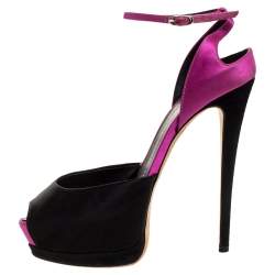Pre Owned Giuseppe Zanotti Black/Purple Satin And Suede Peep Toe Ankle Strap Platform Sandals Size 37.5