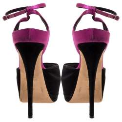Pre Owned Giuseppe Zanotti Black/Purple Satin And Suede Peep Toe Ankle Strap Platform Sandals Size 37.5
