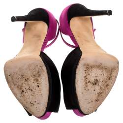 Pre Owned Giuseppe Zanotti Black/Purple Satin And Suede Peep Toe Ankle Strap Platform Sandals Size 37.5
