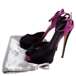 Pre Owned Giuseppe Zanotti Black/Purple Satin And Suede Peep Toe Ankle Strap Platform Sandals Size 37.5