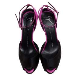 Pre Owned Giuseppe Zanotti Black/Purple Satin And Suede Peep Toe Ankle Strap Platform Sandals Size 37.5