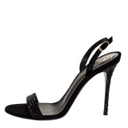 Pre Owned Giuseppe Zanotti Black Suede Crystal Embellished Slingback Sandals Size 39