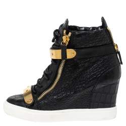 Pre Owned Giuseppe Zanotti Black Croc Embossed Leather Lorenz Wedge Sneakers Size 38