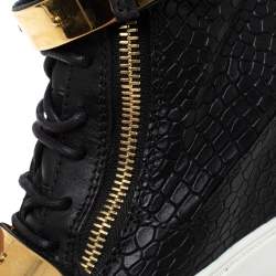 Pre Owned Giuseppe Zanotti Black Croc Embossed Leather Lorenz Wedge Sneakers Size 38