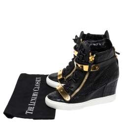 Pre Owned Giuseppe Zanotti Black Croc Embossed Leather Lorenz Wedge Sneakers Size 38