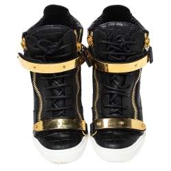 Pre Owned Giuseppe Zanotti Black Croc Embossed Leather Lorenz Wedge Sneakers Size 38