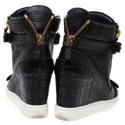 Pre Owned Giuseppe Zanotti Black Croc Embossed Leather Lorenz Wedge Sneakers Size 38