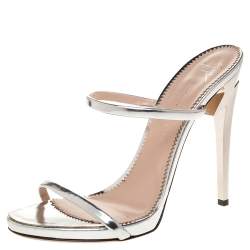 Pre Owned Giuseppe Zanotti Metallic Silver Foil Leather Double Strap Sandals Size 37