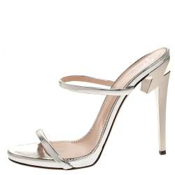 Pre Owned Giuseppe Zanotti Metallic Silver Foil Leather Double Strap Sandals Size 37