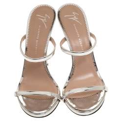 Pre Owned Giuseppe Zanotti Metallic Silver Foil Leather Double Strap Sandals Size 37