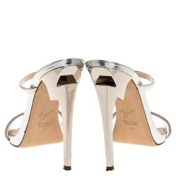 Pre Owned Giuseppe Zanotti Metallic Silver Foil Leather Double Strap Sandals Size 37