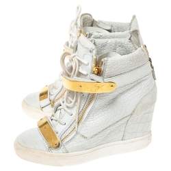 Pre Owned Giuseppe Zanotti White Croc Embossed Leather Lorenz Wedge High Top Sneakers Size 38