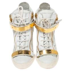 Pre Owned Giuseppe Zanotti White Croc Embossed Leather Lorenz Wedge High Top Sneakers Size 38