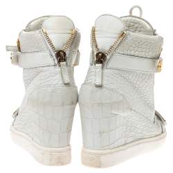 Pre Owned Giuseppe Zanotti White Croc Embossed Leather Lorenz Wedge High Top Sneakers Size 38