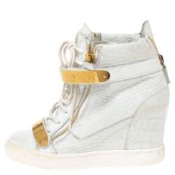 Pre Owned Giuseppe Zanotti White Croc Embossed Leather Lorenz Wedge High Top Sneakers Size 38