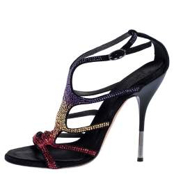 Giuseppe Zanotti Black Multicolor Crystal Embellished Suede Cut Out Sandals Size 37