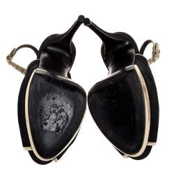 Pre Owned Guiseppe Zannotti Black Suede And Silver Leather Trim Peep Toe Slingback Platform Sandals Size 38