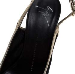 Pre Owned Guiseppe Zannotti Black Suede And Silver Leather Trim Peep Toe Slingback Platform Sandals Size 38