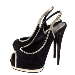 Pre Owned Guiseppe Zannotti Black Suede And Silver Leather Trim Peep Toe Slingback Platform Sandals Size 38