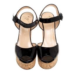 Pre Owned Giuseppe Zanotti Black Patent Leather Cork Platform Wedge Sandals Size 38