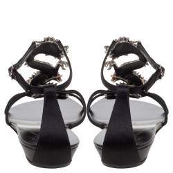 مملوكة مسبقًا Giuseppe Zanotti Black Satin Crystal Embellished Dragon Ankle Strap Flat Sandals Size 39