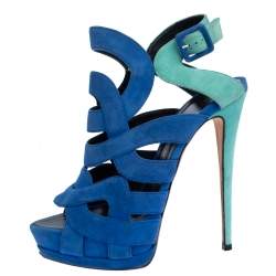 Giuseppe Zanotti Blue Suede Cutout Caged Slingback Sandals Size 40