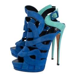 Giuseppe Zanotti Blue Suede Cutout Caged Slingback Sandals Size 40