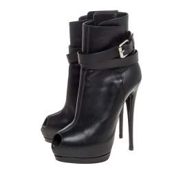 مملوكة مسبقًا Giuseppe Zanotti Black Leather Peep Toe Platform Ankle Booties Size 39