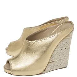 Pre Owned Giuseppe Zanotti Gold Leather Espadrille Wedge Peep Toe Mules Size 37