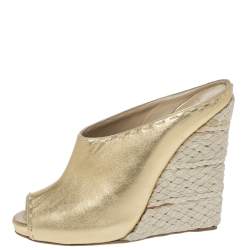 Pre Owned Giuseppe Zanotti Gold Leather Espadrille Wedge Peep Toe Mules Size 37