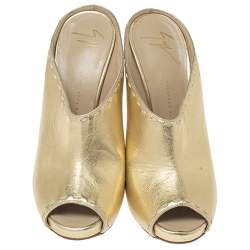 Pre Owned Giuseppe Zanotti Gold Leather Espadrille Wedge Peep Toe Mules Size 37