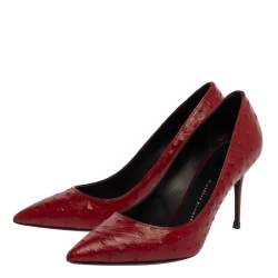 Pre Owned Giuseppe Zanotti Red Ostrich Embossed Leather Lucrezia Pointed Toe Pumps Size 37.5