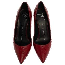 Pre Owned Giuseppe Zanotti Red Ostrich Embossed Leather Lucrezia Pointed Toe Pumps Size 37.5