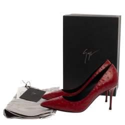 Pre Owned Giuseppe Zanotti Red Ostrich Embossed Leather Lucrezia Pointed Toe Pumps Size 37.5