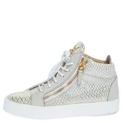 Pre Owned Giuseppe Zanotti White Python Embossed Leather Double Zip High Top Sneakers Size 37.5