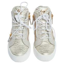 Pre Owned Giuseppe Zanotti White Python Embossed Leather Double Zip High Top Sneakers Size 37.5