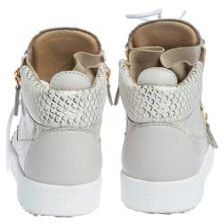 Pre Owned Giuseppe Zanotti White Python Embossed Leather Double Zip High Top Sneakers Size 37.5