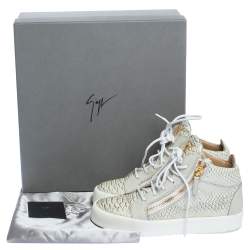 Pre Owned Giuseppe Zanotti White Python Embossed Leather Double Zip High Top Sneakers Size 37.5