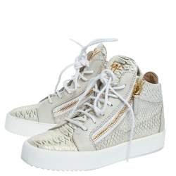 Pre Owned Giuseppe Zanotti White Python Embossed Leather Double Zip High Top Sneakers Size 37.5