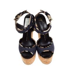 Pre Owned Giuseppe Zanotti Dark Wash Denim Cork Heel Platform Wedge Sandals Size 39