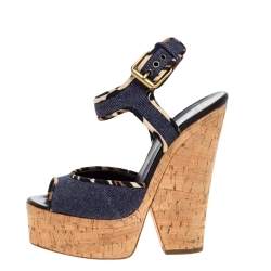 Pre Owned Giuseppe Zanotti Dark Wash Denim Cork Heel Platform Wedge Sandals Size 39