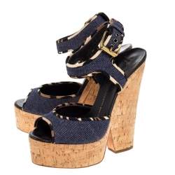 Pre Owned Giuseppe Zanotti Dark Wash Denim Cork Heel Platform Wedge Sandals Size 39