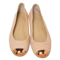 Pre Owned Giuseppe Zanotti Beige Python Embossed Suede Malika Cap Toe Ballet Flats Size 36.5