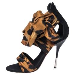 مملوكة مسبقًا Giuseppe Zanotti Brown/Black Fabric And Leather Bow Ankle Cuff Sandals Size 38