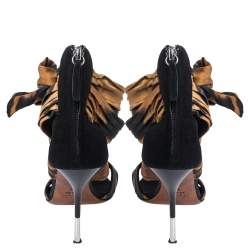 مملوكة مسبقًا Giuseppe Zanotti Brown/Black Fabric And Leather Bow Ankle Cuff Sandals Size 38