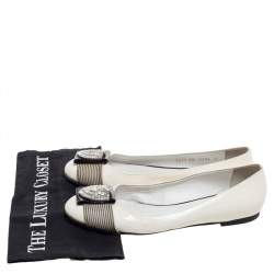 Giuseppe Zanotti White Patent Leather And Striped Fabric Crystal Embellished Ballet Flats Size 38