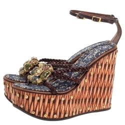 مملوكة مسبقًا Giuseppe Zanotti Brown Leather Crystal Embellished Wedge Platform Ankle Strap Sandals Size 37.5
