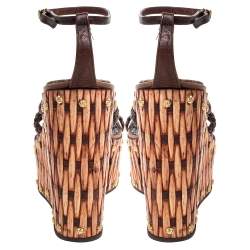 مملوكة مسبقًا Giuseppe Zanotti Brown Leather Crystal Embellished Wedge Platform Ankle Strap Sandals Size 37.5